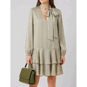 Avec Les Filles Striped Tie Neck Mini Dress Ruffle Hem Olive Green Cream Sz 12